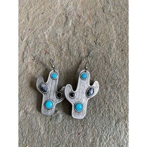 Vintage Jonette JJ Earrings 1988 Stamped JJ Cactus Pewter Turquoise